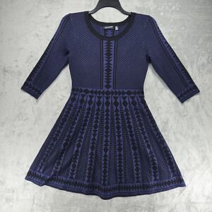 Nina Leonard Sweater Dress Medium Checkered Jacquard Fit & Flare 3/4 Sleeve Blue